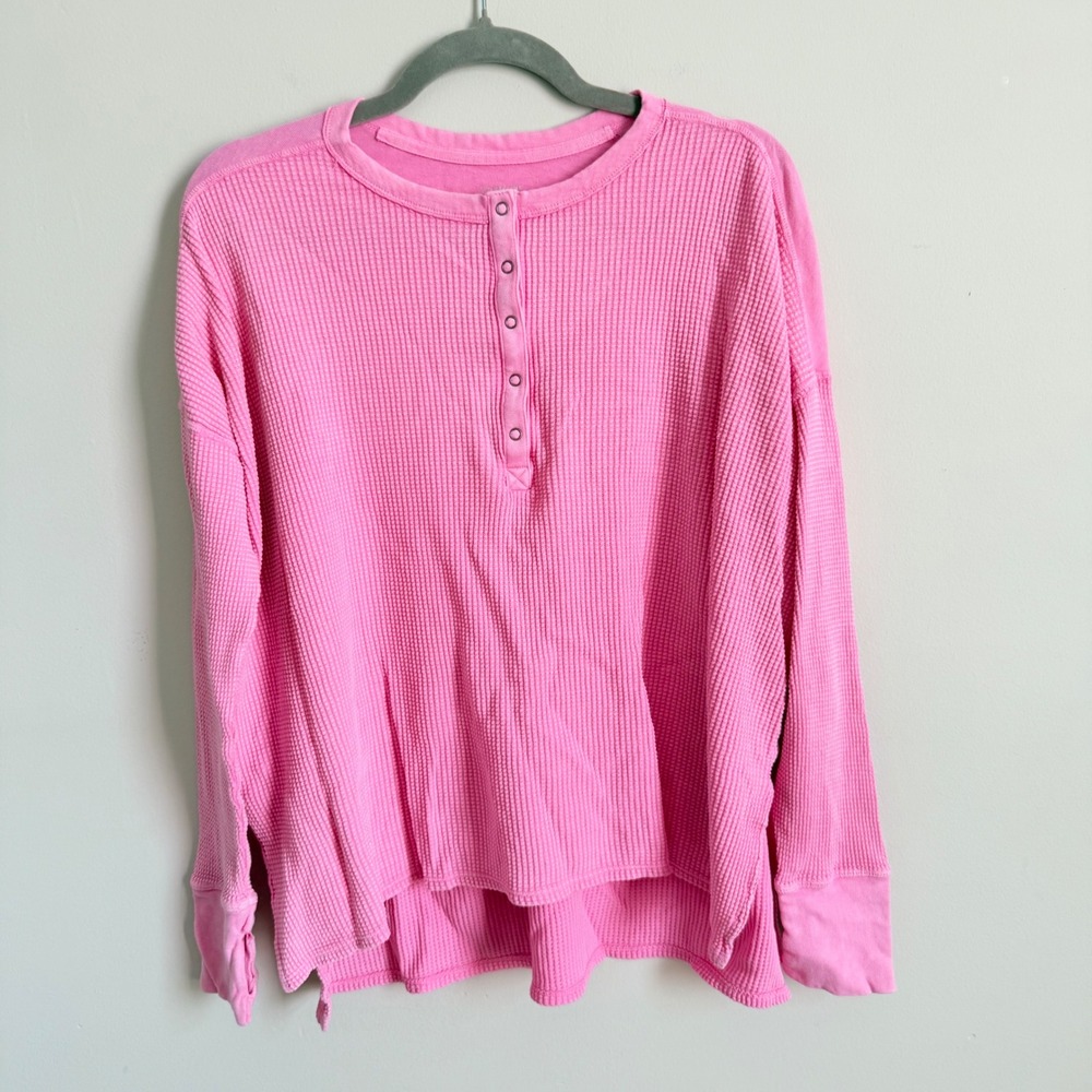 OFFLINE by Aerie Womens Pink Waffle Knit Henley Long Sleeve Top Small - Picture 1 of 4